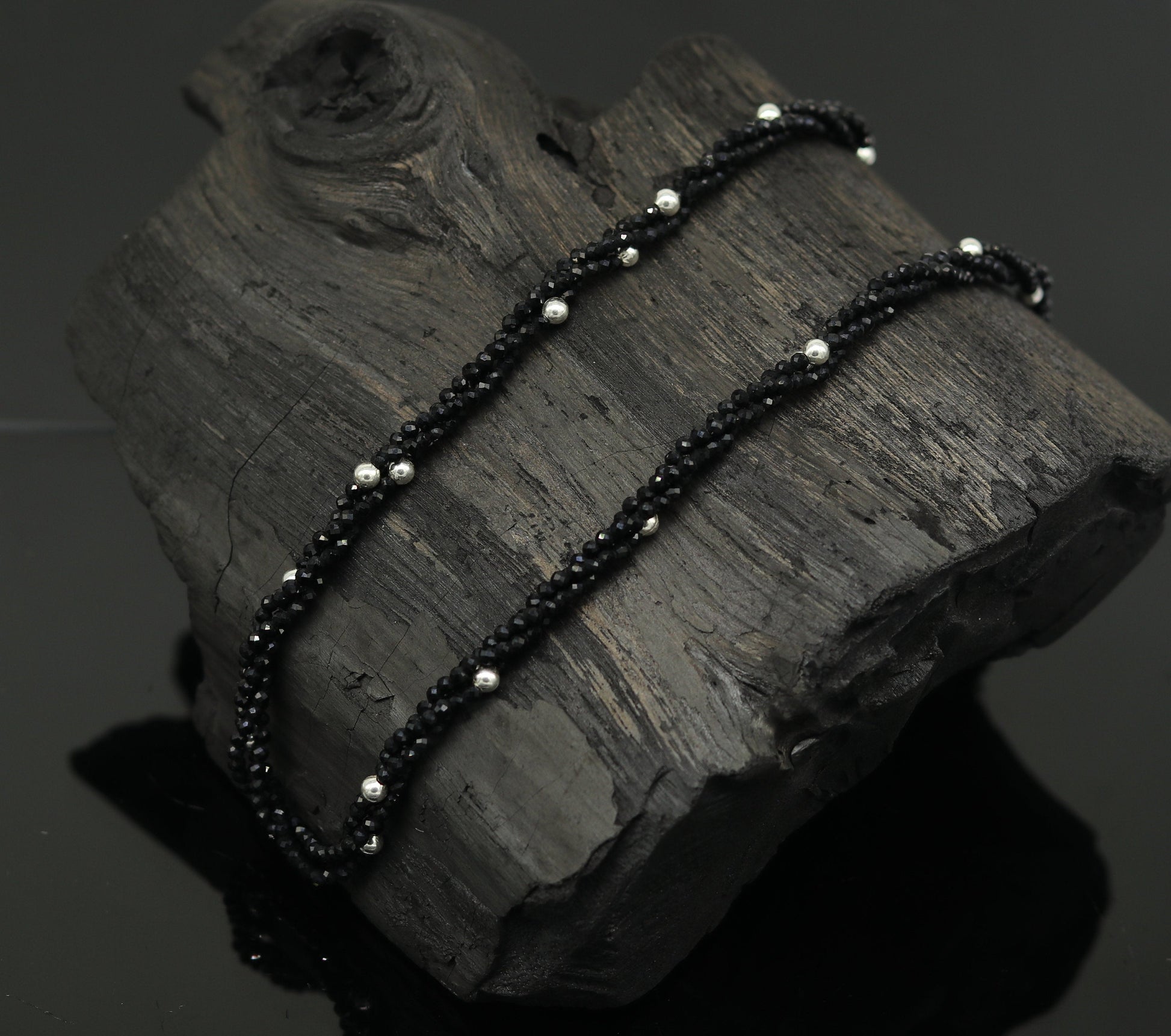 18" 925 pure silver galaxy necklace triple strands semi precious black cut stone beads with randomly placed silver beads necklace set135 - TRIBAL ORNAMENTS