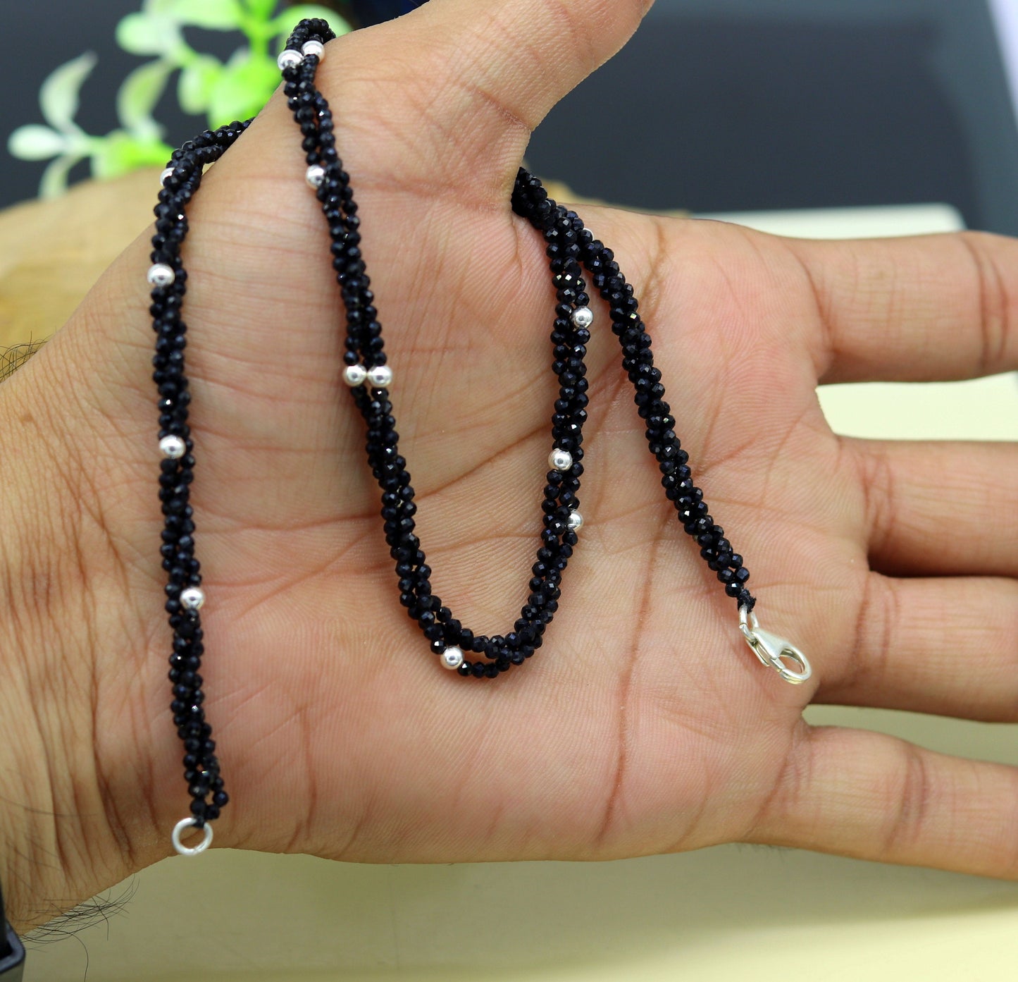 18" 925 pure silver galaxy necklace triple strands semi precious black cut stone beads with randomly placed silver beads necklace set135 - TRIBAL ORNAMENTS