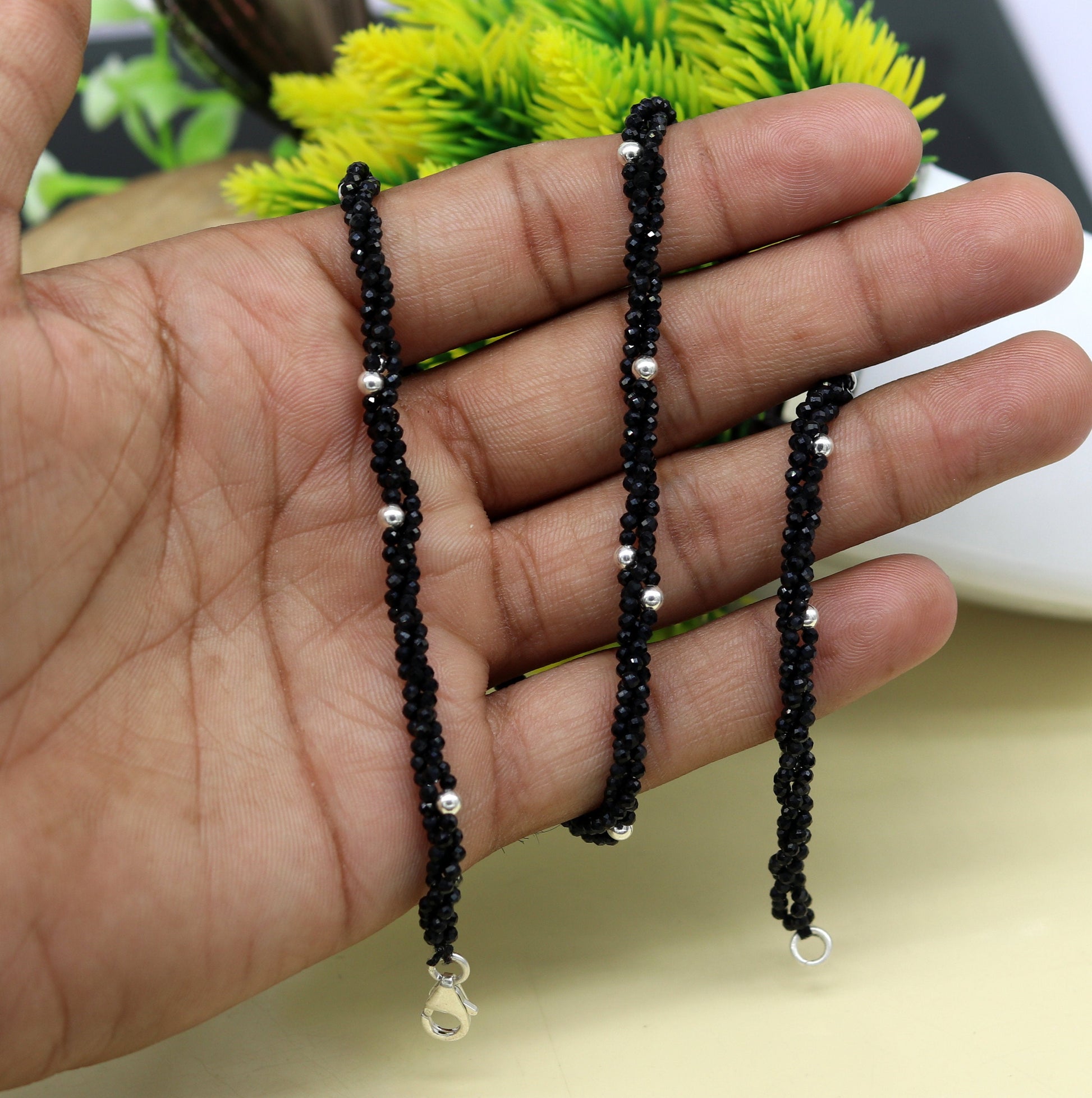 18" 925 pure silver galaxy necklace triple strands semi precious black cut stone beads with randomly placed silver beads necklace set135 - TRIBAL ORNAMENTS