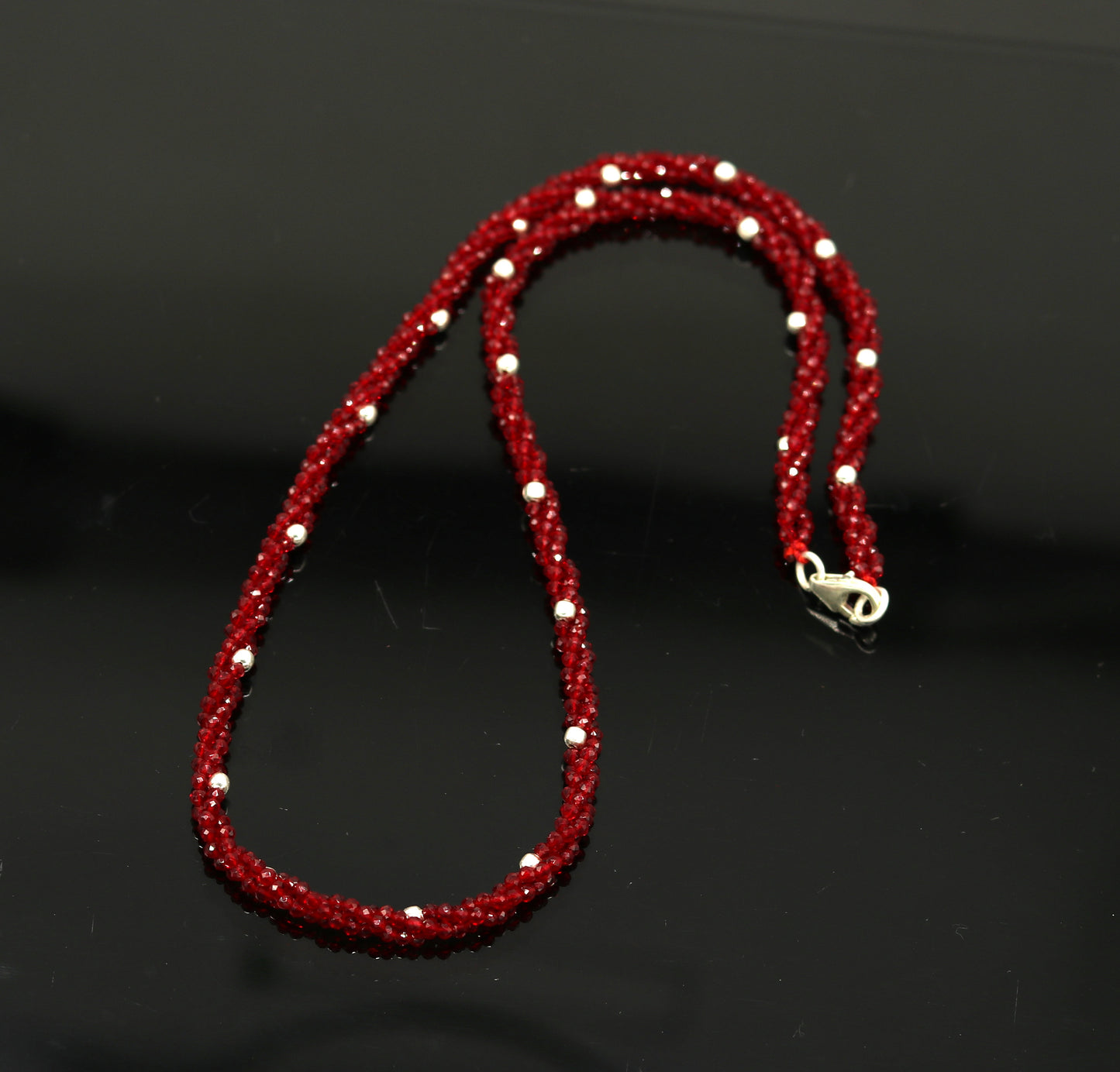 18-inch customized beaded necklace by TRIBAL ORNAMENTS featuring triple strands, semiprecious stones, and silver beads with galaxy design