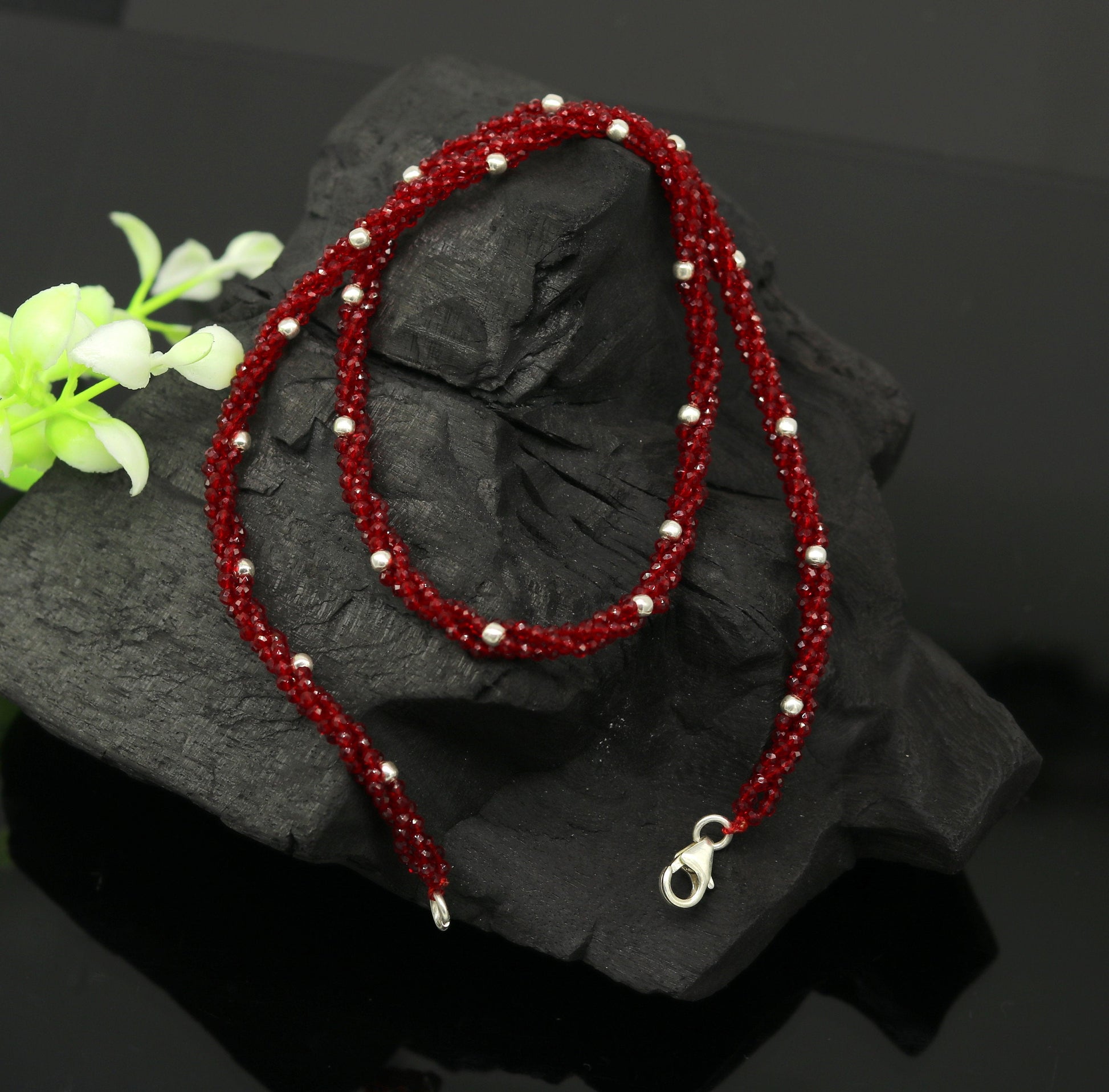18-inch tribal beaded necklace with triple strands, semi-precious cut stones, and 925 silver beads in a galaxy-inspired design by TRIBAL ORNAMENTS.