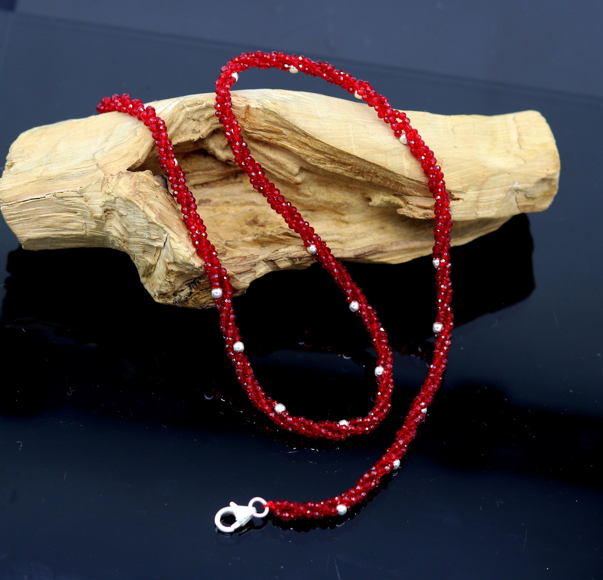 18-inch tribal beaded necklace with triple strands, semiprecious stones, and silver beads, galaxy-inspired design by Tribal Ornaments