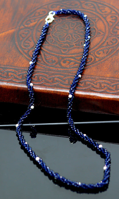 18-inch tribal beaded necklace set with triple strands of semiprecious cut stones and 925 silver beads, galaxy-inspired design.