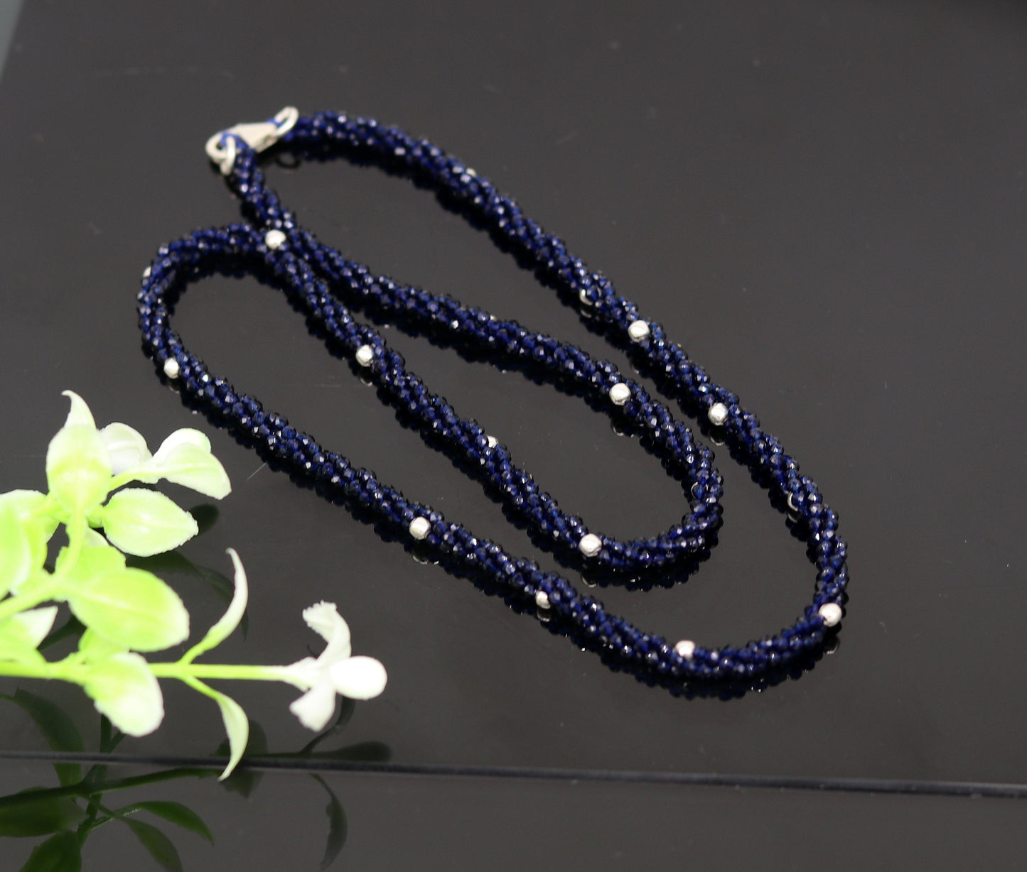 18-inch tribal beaded necklace with triple strands, semiprecious stones, and silver beads, featuring a galaxy-inspired design by Tribal Ornaments.
