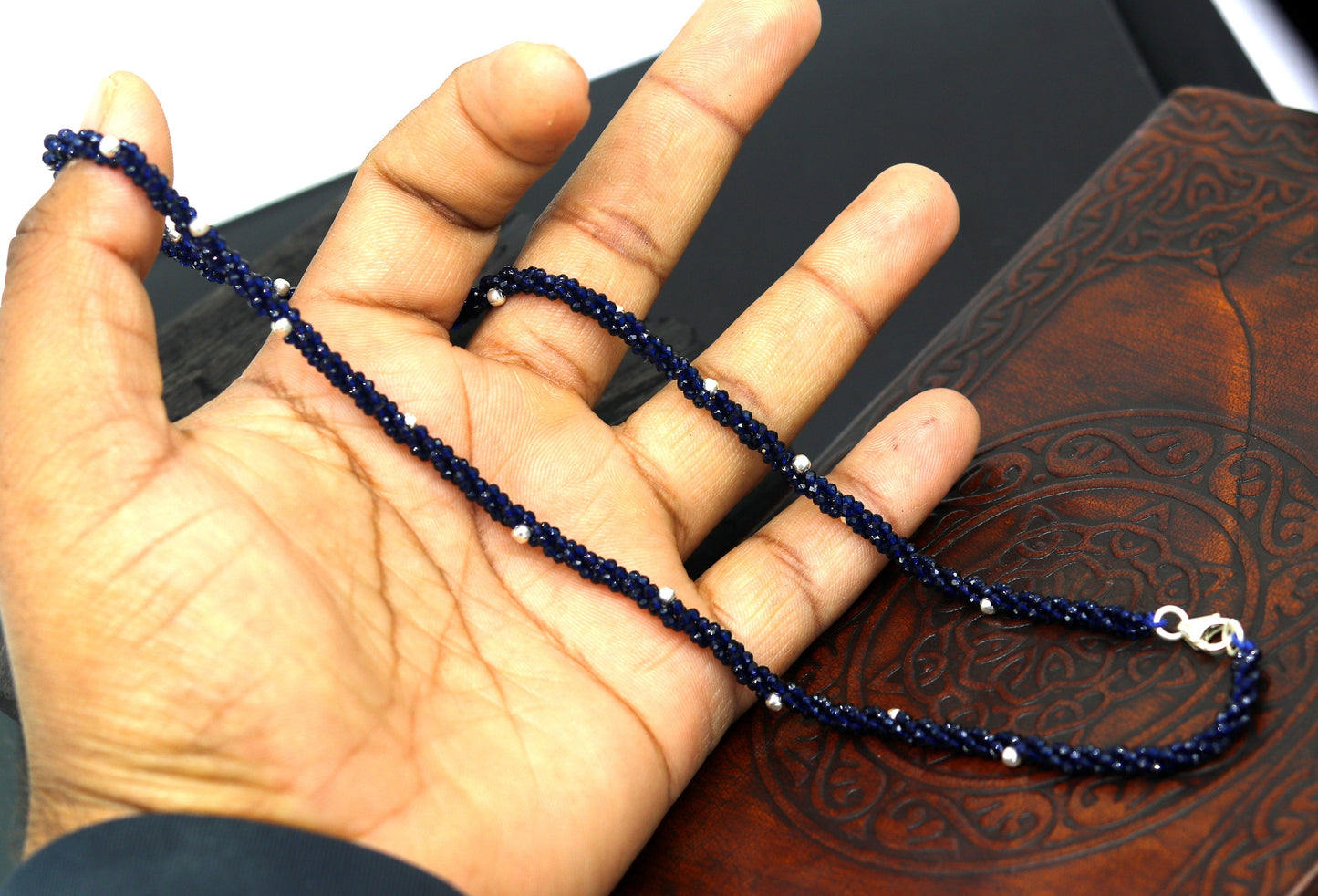 18-inch tribal beaded necklace with triple strands of semi-precious cut stones and silver beads, galaxy-inspired design by Tribal Ornaments