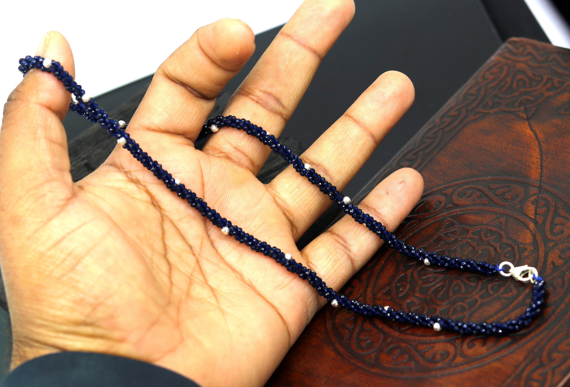18-inch tribal beaded necklace with triple strands of semi-precious cut stones and silver beads, galaxy-inspired design by Tribal Ornaments