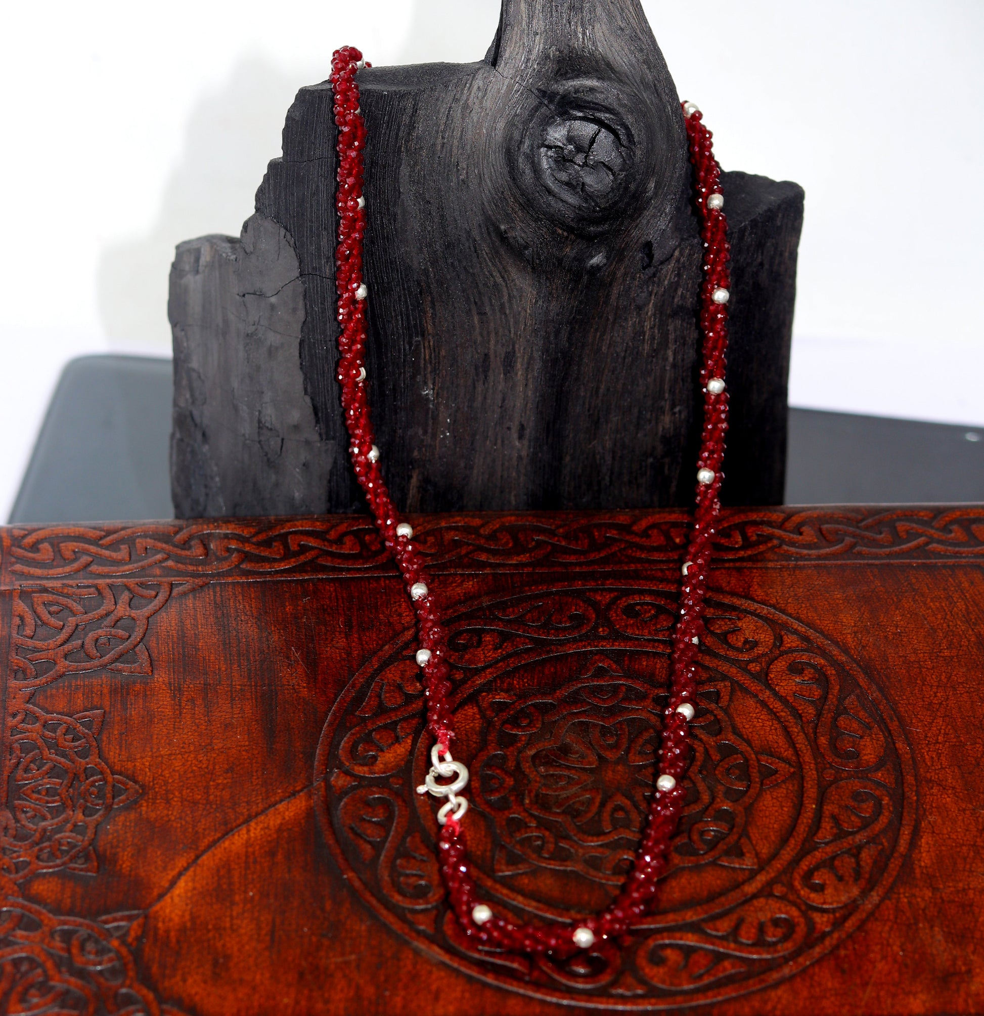 18-inch tribal beaded necklace set with triple strands, semiprecious cut stones, and silver beads, galaxy-inspired design by TRIBAL ORNAMENTS.