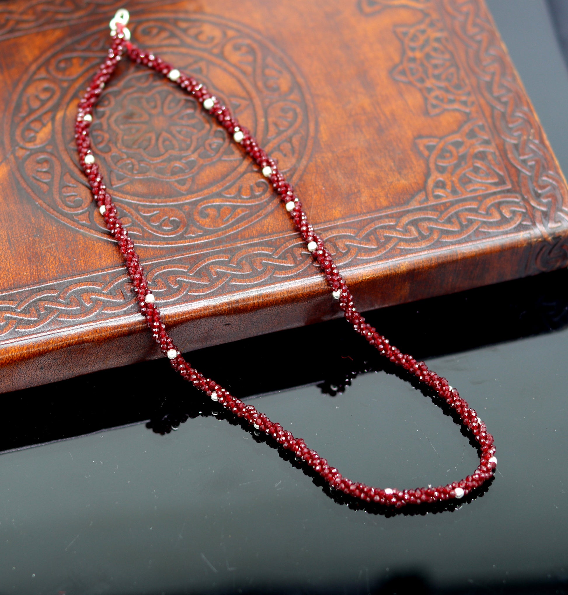 18-inch Tribal Ornaments beaded necklace with triple strands of semiprecious cut stones and silver beads, galaxy-inspired design