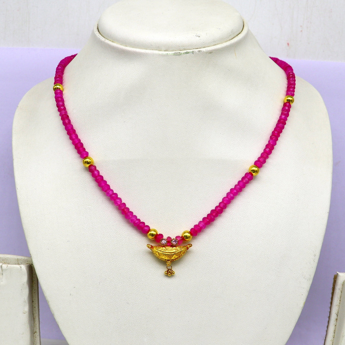 18-inch pink faceted beaded necklace with 20kt yellow gold amulet pendant, tribal ethnic jewelry, vintage bride gift by Tribal Ornaments