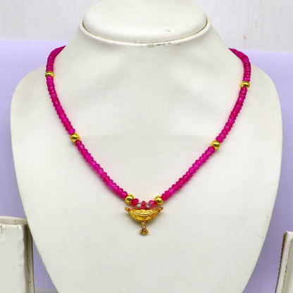 18-inch pink faceted beaded necklace with 20kt yellow gold amulet pendant, tribal ethnic jewelry, vintage bride gift by Tribal Ornaments