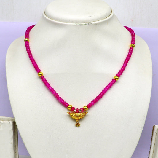 18" faceted pink color beaded necklace, 20kt yellow gold amulet stylish pendant, vintage customized brides gift tribal ethnic jewelry ap08 - TRIBAL ORNAMENTS