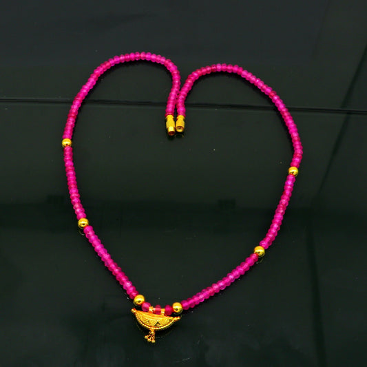 18" faceted pink color beaded necklace, 20kt yellow gold amulet stylish pendant, vintage customized brides gift tribal ethnic jewelry ap08 - TRIBAL ORNAMENTS