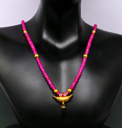 18-inch faceted pink beaded necklace with 20kt yellow gold tribal pendant, vintage ethnic jewelry, ideal for brides or special occasions