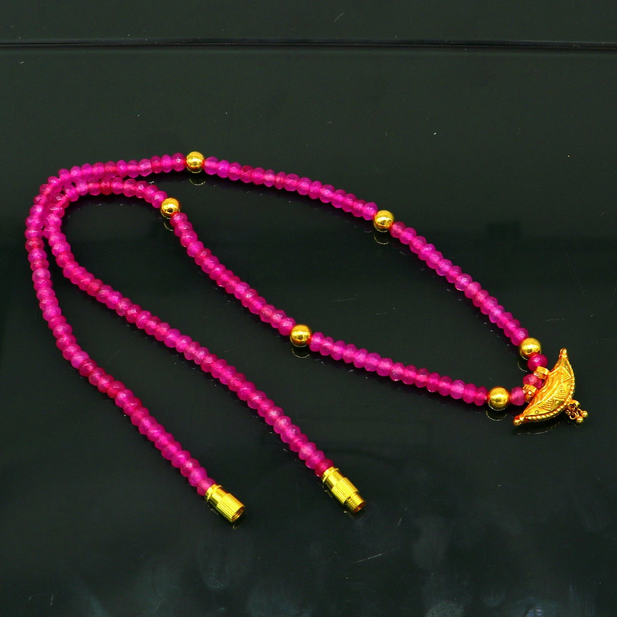 18-inch pink faceted beaded necklace with 20kt yellow gold amulet pendant, vintage tribal ethnic jewelry by TRIBAL ORNAMENTS