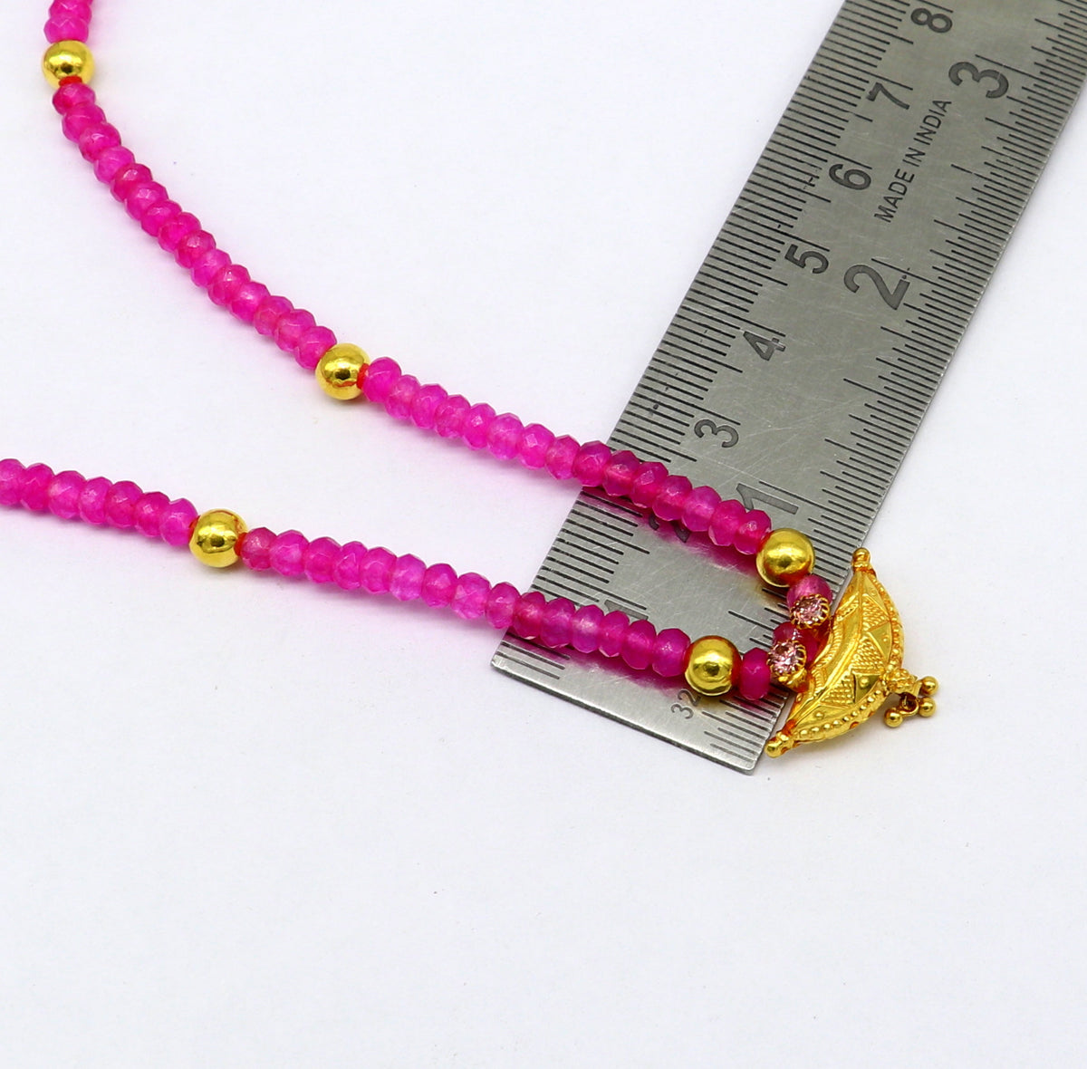 18-inch pink faceted beaded necklace with 20kt yellow gold amulet pendant, tribal ethnic jewelry for brides or special occasions