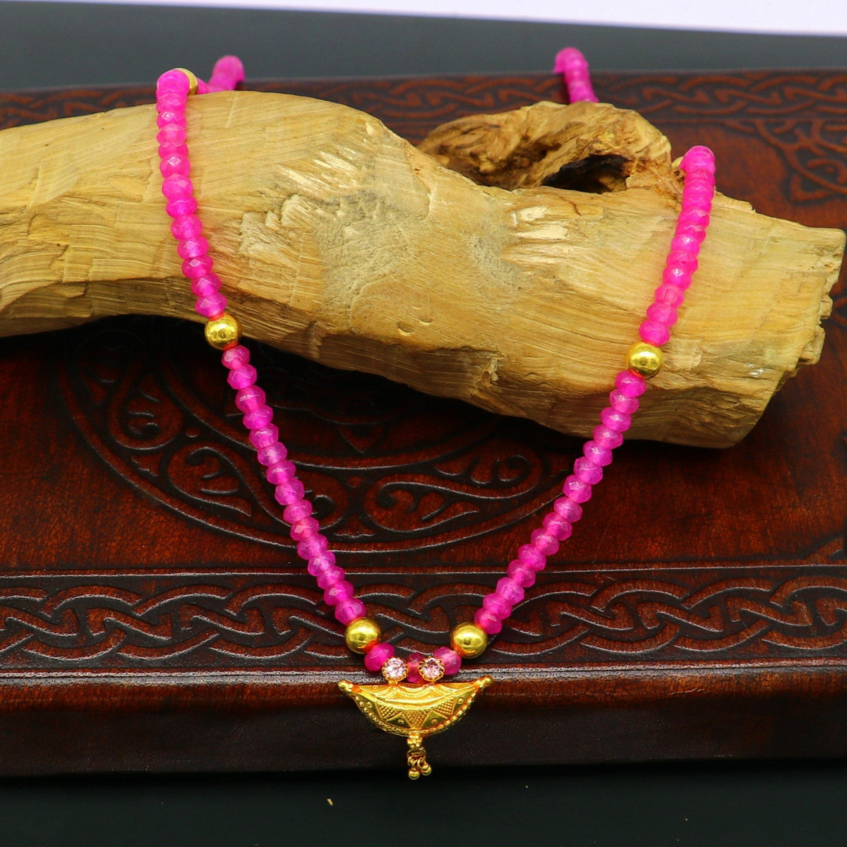 18-inch faceted pink beaded necklace with 20kt yellow gold amulet pendant, tribal ethnic jewelry for brides by TRIBAL ORNAMENTS.