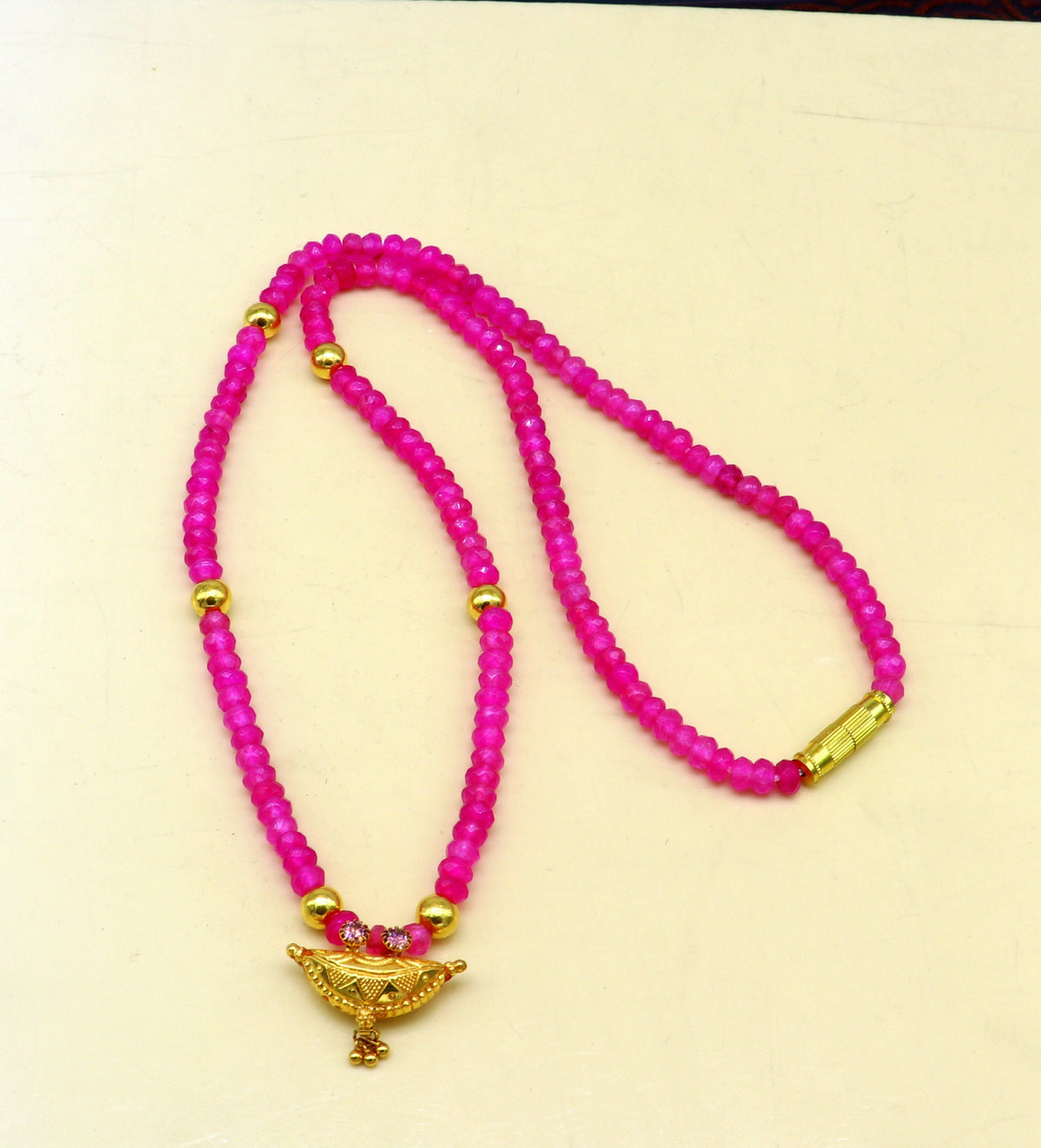 18-inch faceted pink beaded necklace with 20kt yellow gold amulet pendant, tribal ethnic jewelry, vintage and customized bridal gift