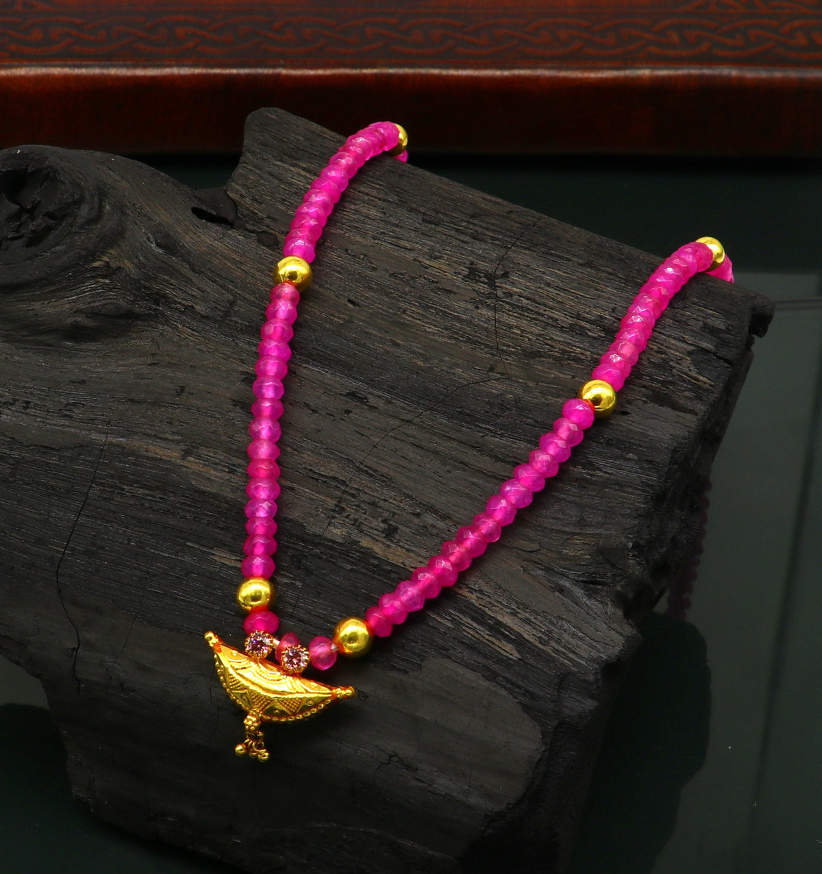 18-inch faceted pink beaded necklace with 20kt yellow gold amulet pendant, tribal ethnic jewelry, vintage style, customized bride gift