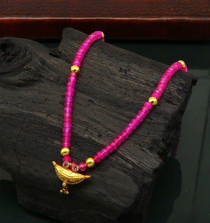 18-inch faceted pink beaded necklace with 20kt yellow gold amulet pendant, tribal ethnic jewelry, vintage style, customized bride gift