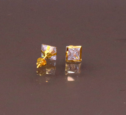 18 karat yellow gold handmade amazing square shape cubic zircon stone stud earring unisex jewelry er89 - TRIBAL ORNAMENTS