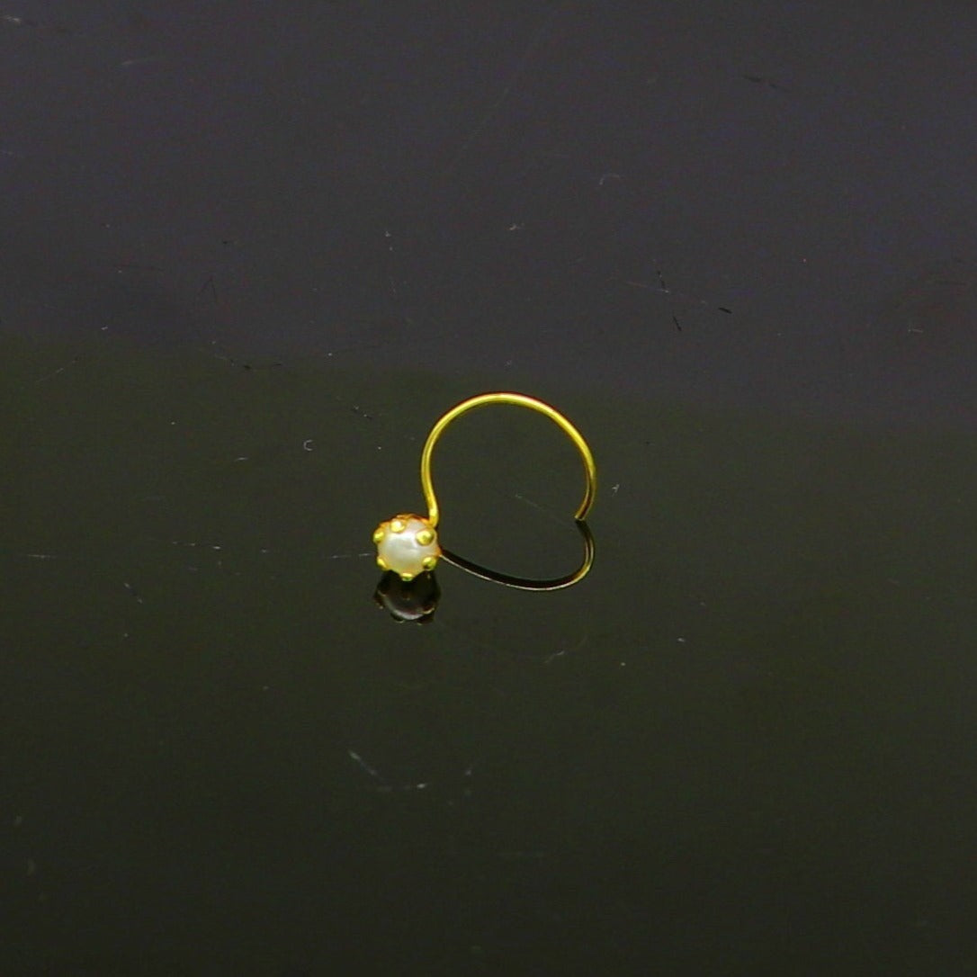 18 kt yellow fine gold customized nose pin, excellent single stone pearl nose pin, best gifting real gold jewelry for girl's women's gnp36 - TRIBAL ORNAMENTS