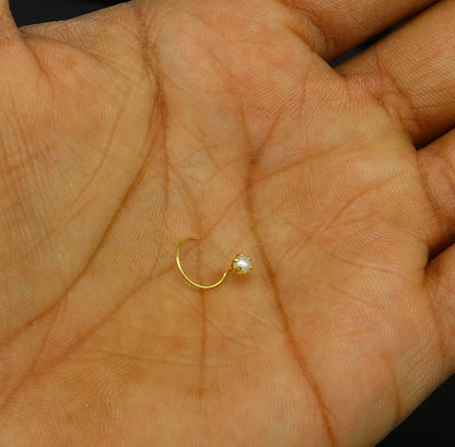 18 kt yellow fine gold customized nose pin, excellent single stone pearl nose pin, best gifting real gold jewelry for girl's women's gnp36 - TRIBAL ORNAMENTS