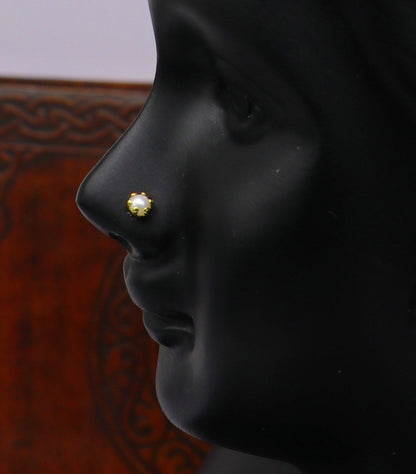 18 kt yellow fine gold customized nose pin, excellent single stone pearl nose pin, best gifting real gold jewelry for girl's women's gnp36 - TRIBAL ORNAMENTS