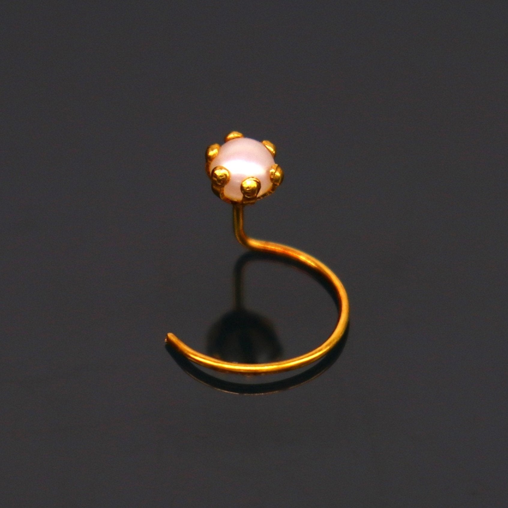 18 kt yellow fine gold fabulous nose pin, excellent single pearl nose pin, stunning design gifting gold jewelry for girl's women's gnp37 - TRIBAL ORNAMENTS