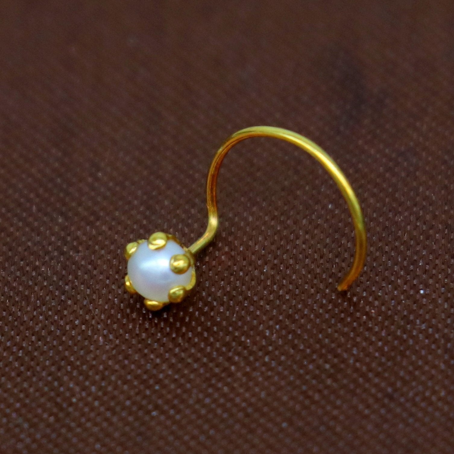 18 kt yellow fine gold fabulous nose pin, excellent single pearl nose pin, stunning design gifting gold jewelry for girl's women's gnp37 - TRIBAL ORNAMENTS