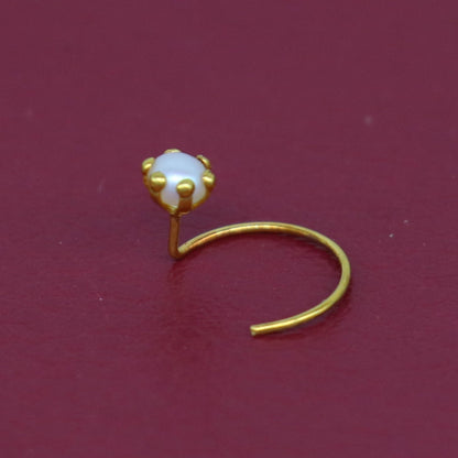 18 kt yellow fine gold fabulous nose pin, excellent single pearl nose pin, stunning design gifting gold jewelry for girl's women's gnp37 - TRIBAL ORNAMENTS