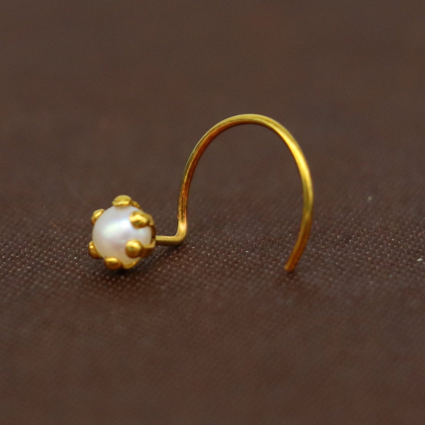 18 kt yellow fine gold fabulous nose pin, excellent single pearl nose pin, stunning design gifting gold jewelry for girl's women's gnp37 - TRIBAL ORNAMENTS