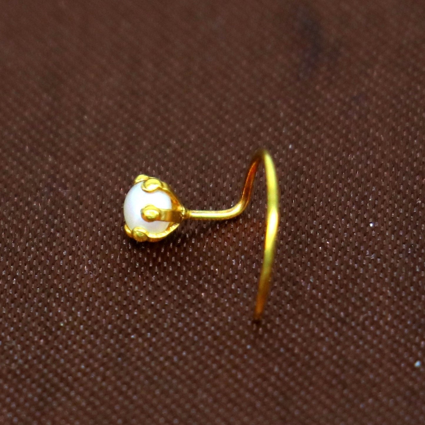 18 kt yellow fine gold fabulous nose pin, excellent single pearl nose pin, stunning design gifting gold jewelry for girl's women's gnp37 - TRIBAL ORNAMENTS