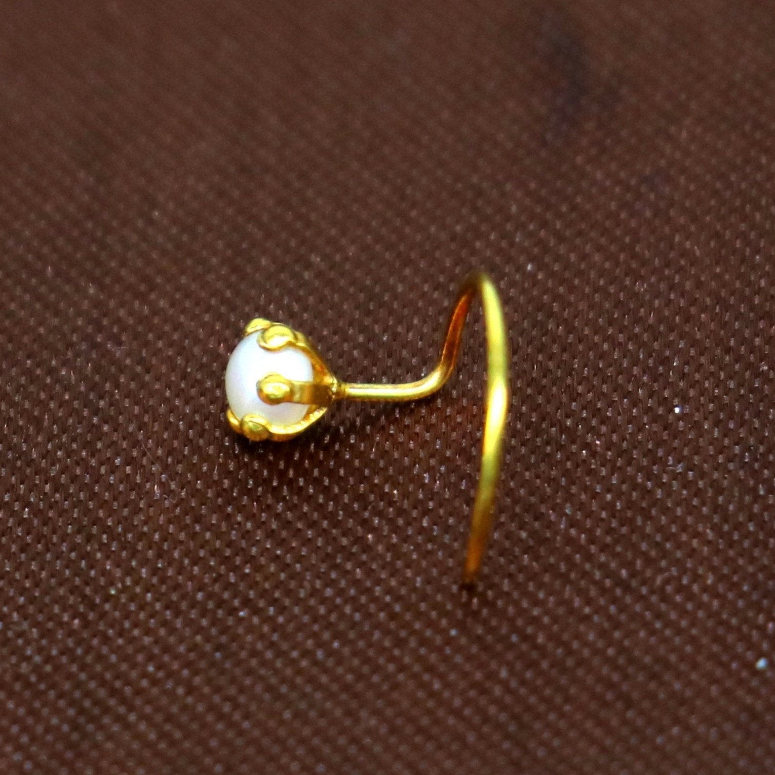 18 kt yellow fine gold fabulous nose pin, excellent single pearl nose pin, stunning design gifting gold jewelry for girl's women's gnp37 - TRIBAL ORNAMENTS