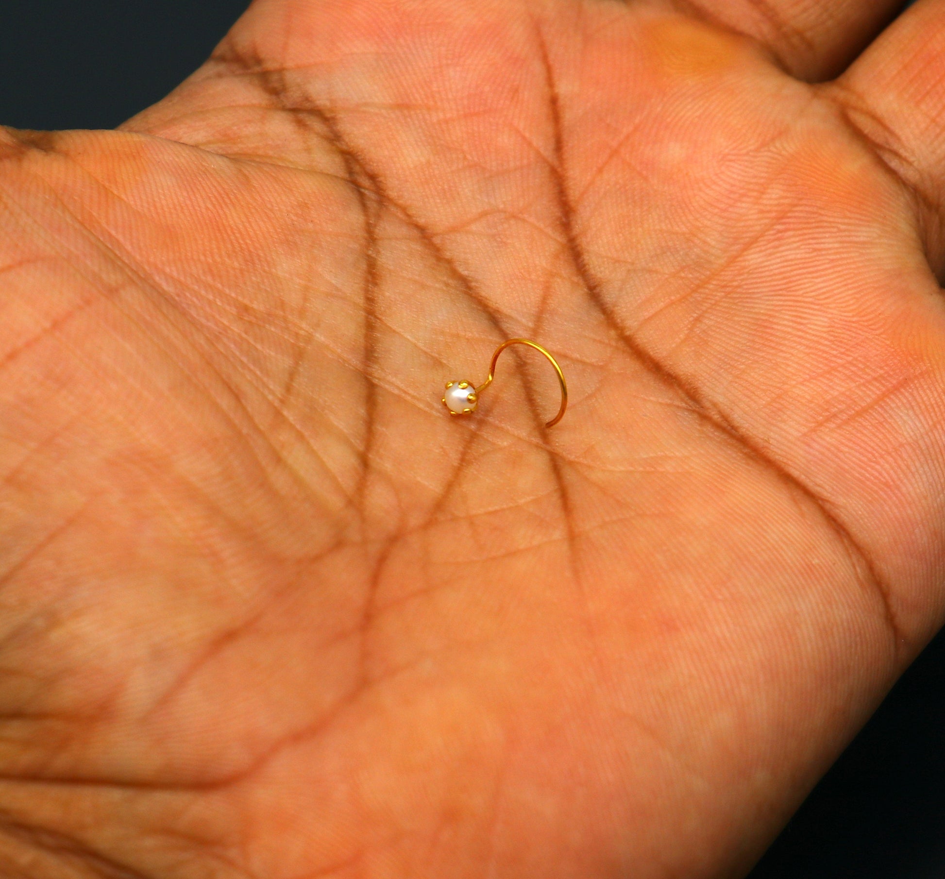 18 kt yellow fine gold fabulous nose pin, excellent single pearl nose pin, stunning design gifting gold jewelry for girl's women's gnp37 - TRIBAL ORNAMENTS