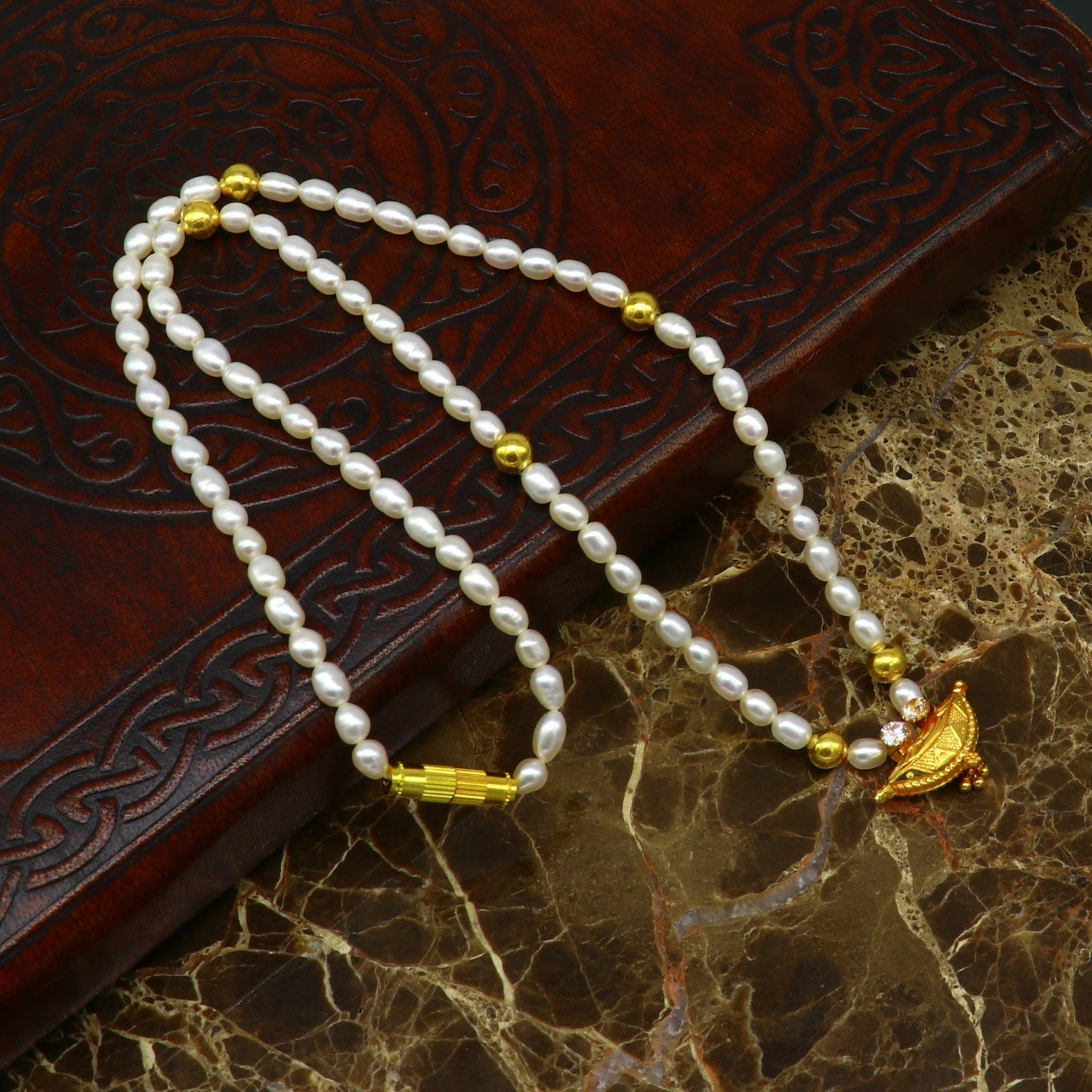 18" peals beaded with 6 gold beads necklace, fabulous 20kt yellow gold amulet style pendant, excellent customize gift stylish jewelry ap04 - TRIBAL ORNAMENTS