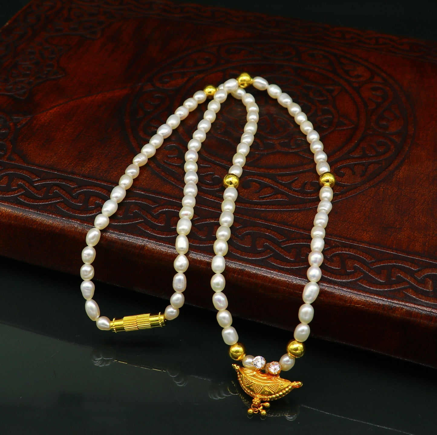 18" peals beaded with 6 gold beads necklace, fabulous 20kt yellow gold amulet style pendant, excellent customize gift stylish jewelry ap04 - TRIBAL ORNAMENTS