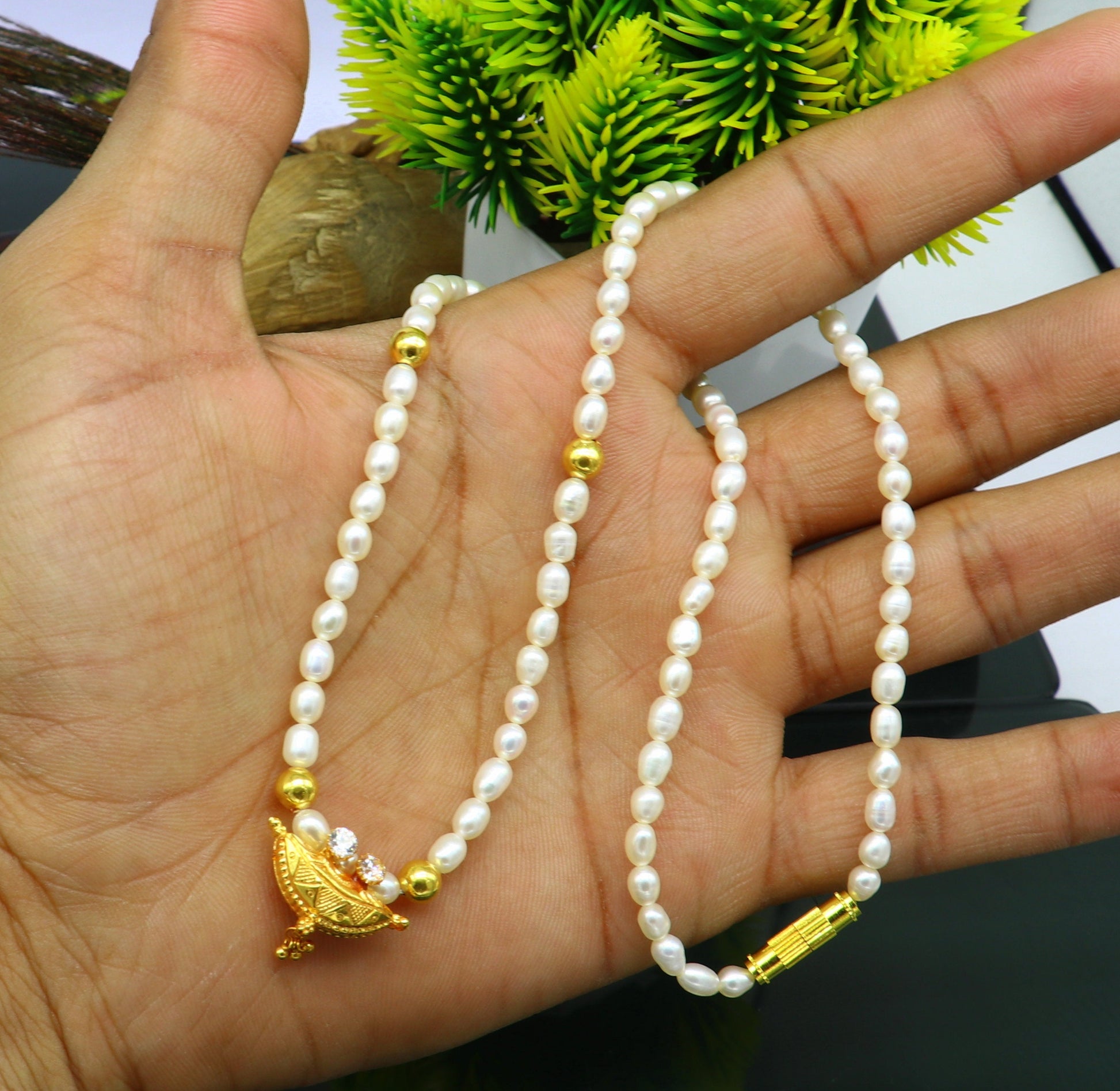 18" peals beaded with 6 gold beads necklace, fabulous 20kt yellow gold amulet style pendant, excellent customize gift stylish jewelry ap04 - TRIBAL ORNAMENTS