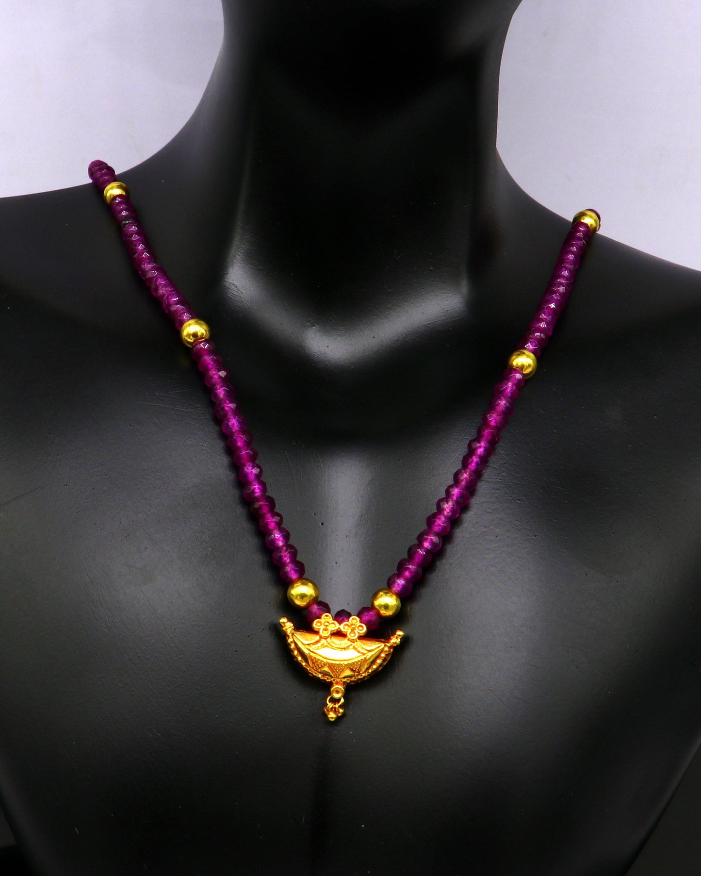 18" purple faceted beaded necklace, 20kt yellow gold amulet stylish pendant, excellent customized brides gift tribal ethnic jewelry ap06 - TRIBAL ORNAMENTS