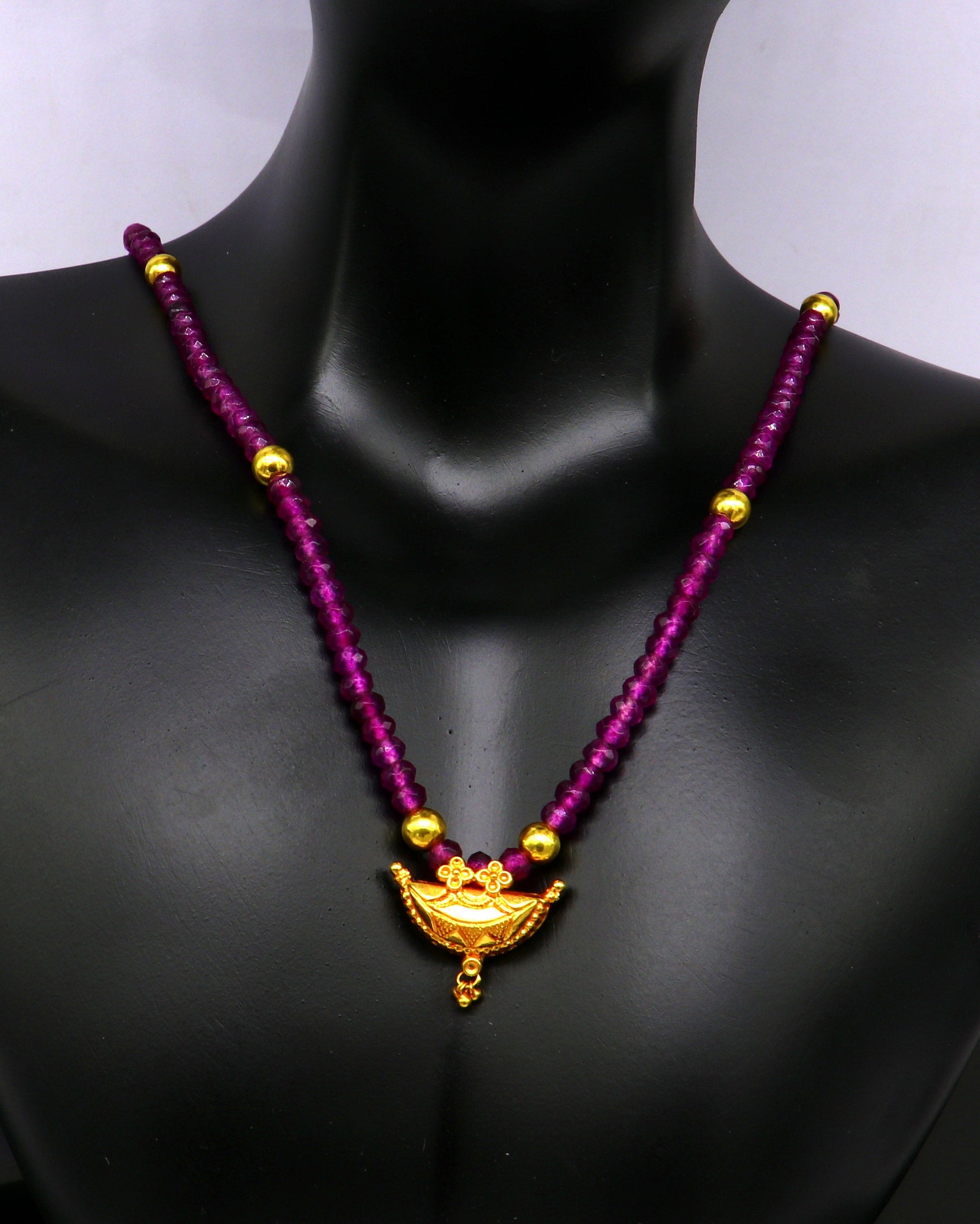 18" purple faceted beaded necklace, 20kt yellow gold amulet stylish pendant, excellent customized brides gift tribal ethnic jewelry ap06 - TRIBAL ORNAMENTS