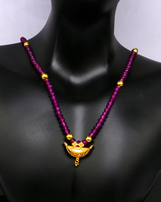 18" purple faceted beaded necklace, 20kt yellow gold amulet stylish pendant, excellent customized brides gift tribal ethnic jewelry ap06 - TRIBAL ORNAMENTS