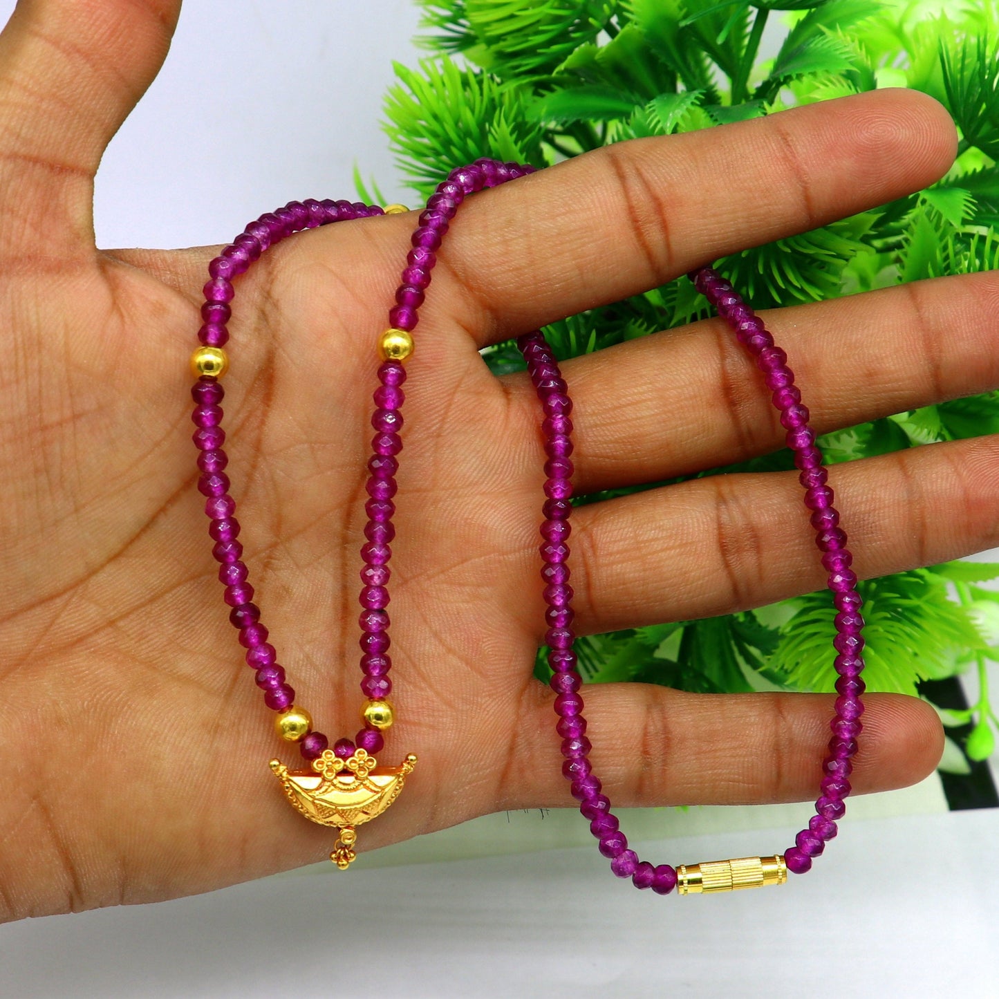 18" purple faceted beaded necklace, 20kt yellow gold amulet stylish pendant, excellent customized brides gift tribal ethnic jewelry ap06 - TRIBAL ORNAMENTS
