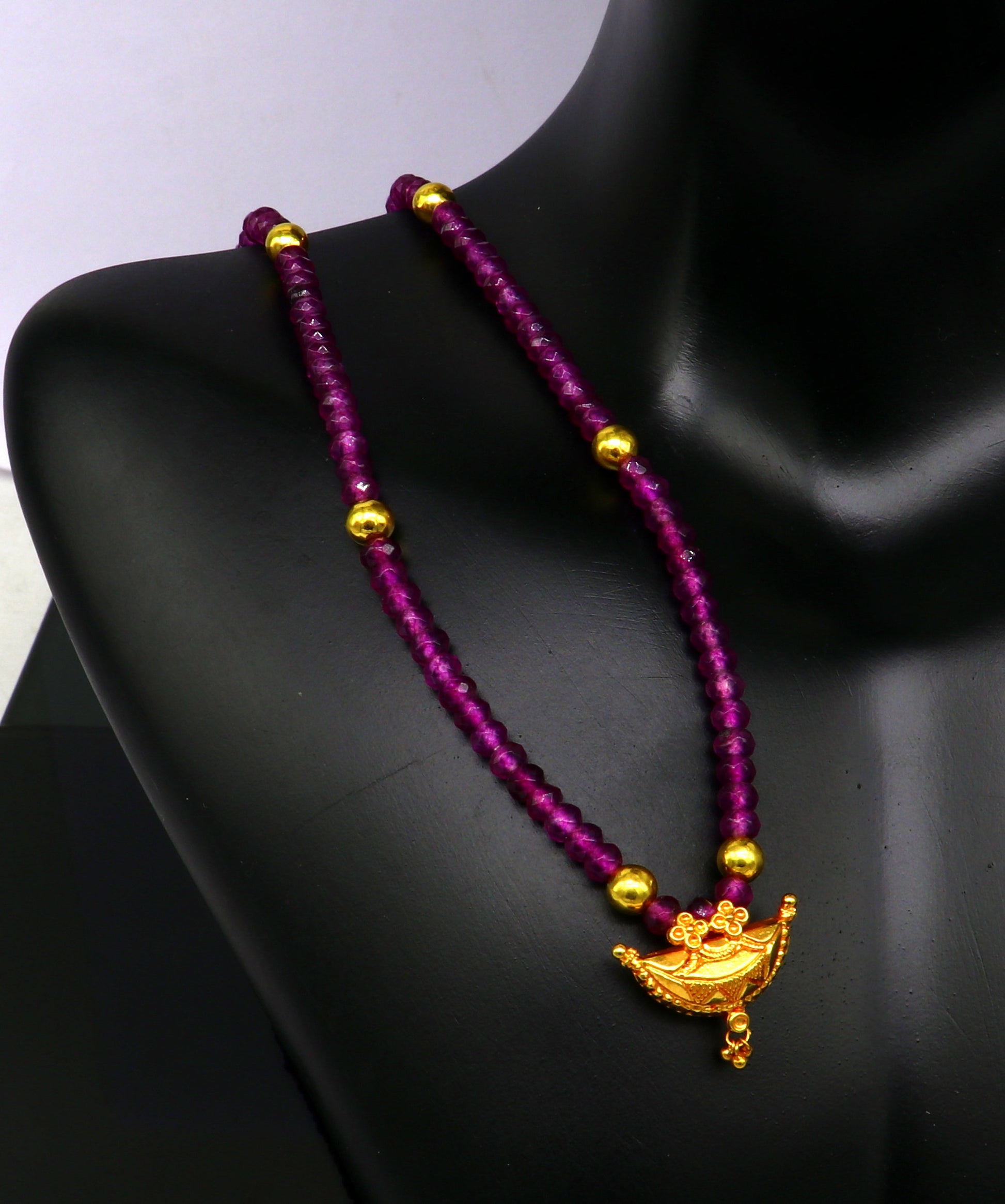 18" purple faceted beaded necklace, 20kt yellow gold amulet stylish pendant, excellent customized brides gift tribal ethnic jewelry ap06 - TRIBAL ORNAMENTS