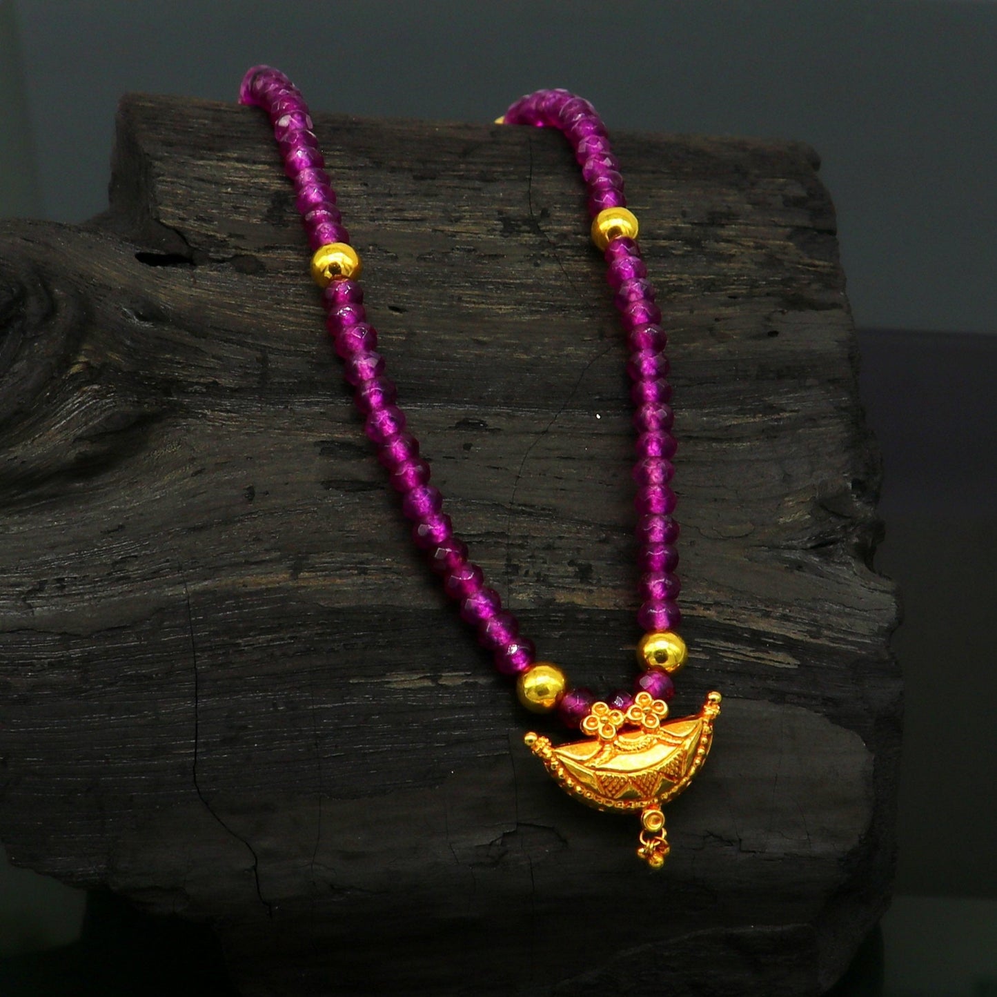 18" purple faceted beaded necklace, 20kt yellow gold amulet stylish pendant, excellent customized brides gift tribal ethnic jewelry ap06 - TRIBAL ORNAMENTS