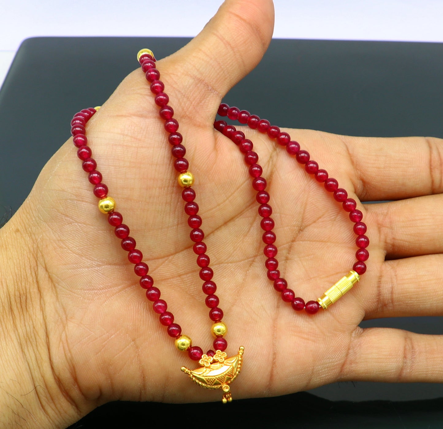 18" red color beaded necklace, fabulous 20kt yellow gold amulet style pendant, excellent customize gift stylish tribal ethnic jewelry ap05 - TRIBAL ORNAMENTS