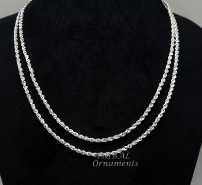 18-inch TRIBAL ORNAMENTS sterling silver rope chain, handmade plain bright silver necklace, trendy style, single rope design