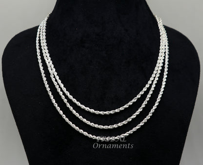 18-inch TRIBAL ORNAMENTS sterling silver single rope chain necklace, bright plain silver, trendy style, handmade jewelry.