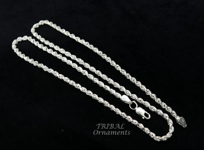 18-inch sterling silver rope chain necklace by TRIBAL ORNAMENTS, plain and bright silver, trendy style, handmade jewelry.