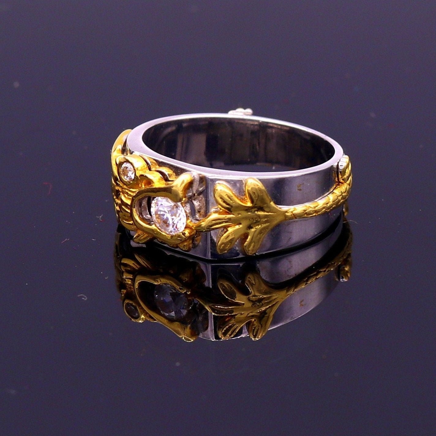 18k yellow gold and white gold ring band fabulous dragon design stylish fancy work wedding rings antique women's jewelry gring32 - TRIBAL ORNAMENTS