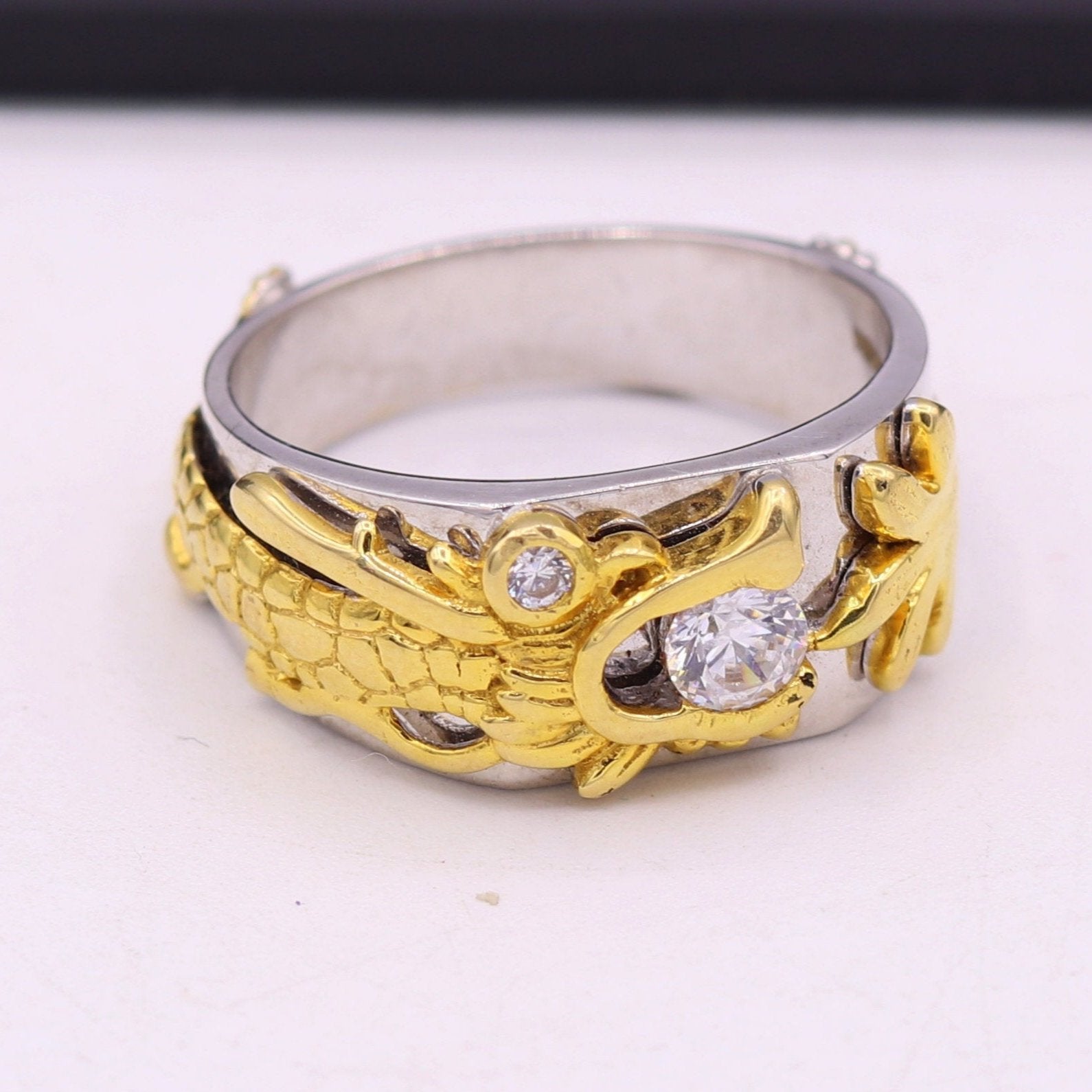 18k yellow gold and white gold ring band fabulous dragon design stylish fancy work wedding rings antique women's jewelry gring32 - TRIBAL ORNAMENTS