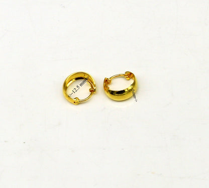 Handmade 18kt yellow gold customized huggie hoop earrings by TRIBAL ORNAMENTS, clip-on design, perfect for brides.